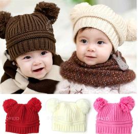 秋冬韩版儿童帽子世界杯帽子纯色双球针织帽子婴儿宝宝帽子
